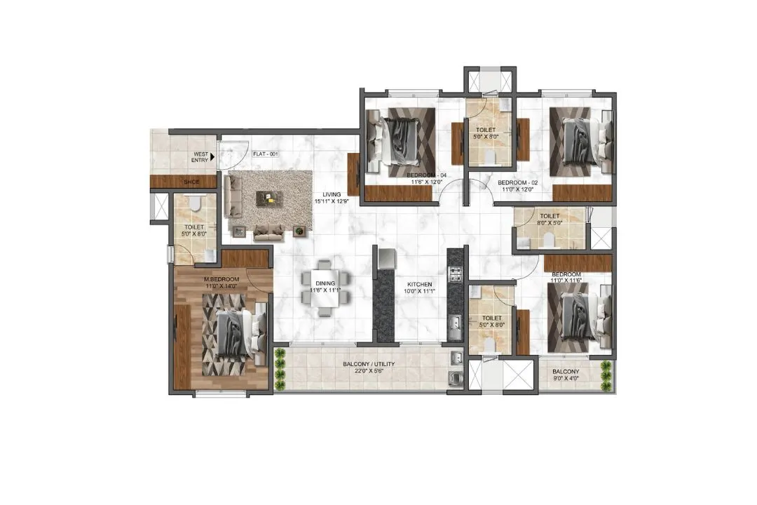 4 BHK floor plan, 2145 sq ft